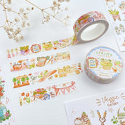 Premium Handmade Washi Tape Hello Spring 15mm x 10m - 3 pieces and 2 washi tapes on the table with a white flower branch and veggie garden sticker sheets