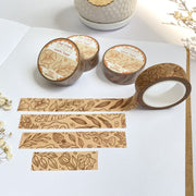 Premium Handmade Washi Tape Light Flower Pattern 15mm x 10m - 4 pieces and 4 washi tapes on the table with 2 white flower branches, a notebook, a cup of tea