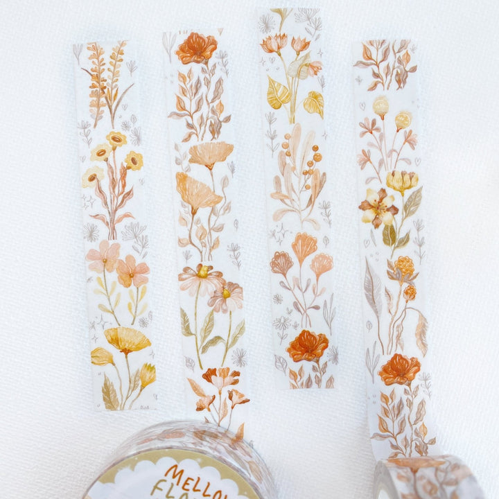 Premium Handmade Washi Tape Mellow Flower 15mm x 10m - 4 pieces and 2 washi tapes on the table