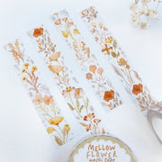 Premium Handmade Washi Tape Mellow Flower 15mm x 10m - 4 pieces and 2 washi tapes on the table with a white flower branch