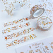 Premium Handmade Washi Tape Mellow Flower 15mm x 10m - 4 pieces and 2 washi tapes and 2 sticker sheets on the table with a white flower branch