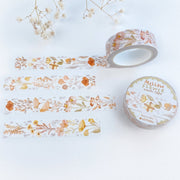 Premium Handmade Washi Tape Mellow Flower 15mm x 10m - 4 pieces and 2 washi tapes on the table with a white flower branch