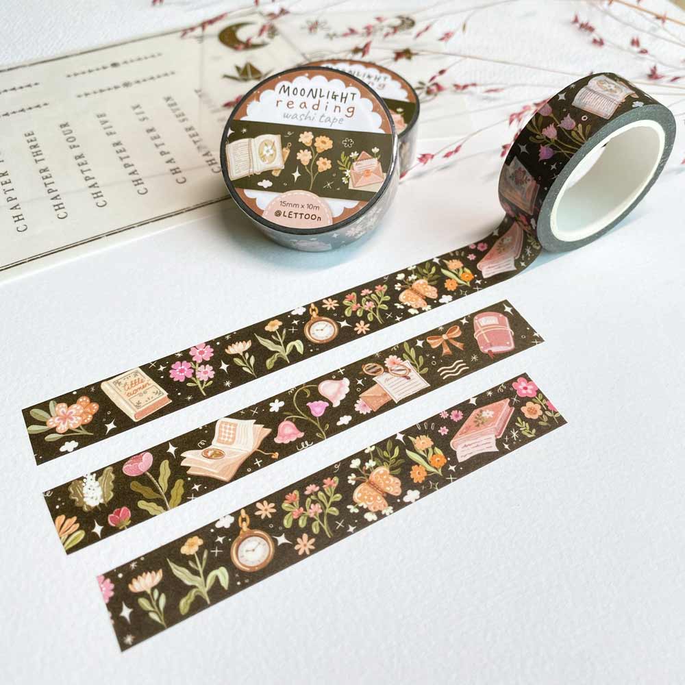 Premium Handmade Washi Tape Moonlight Reading 15mm x 10m - 3 pieces and 3 washi tapes on the table with a pink flower branch and chapter sheet