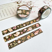 Premium Handmade Washi Tape Moonlight Reading 15mm x 10m - 3 pieces and 3 washi tapes on the table with a pink flower branch and chapter sheet
