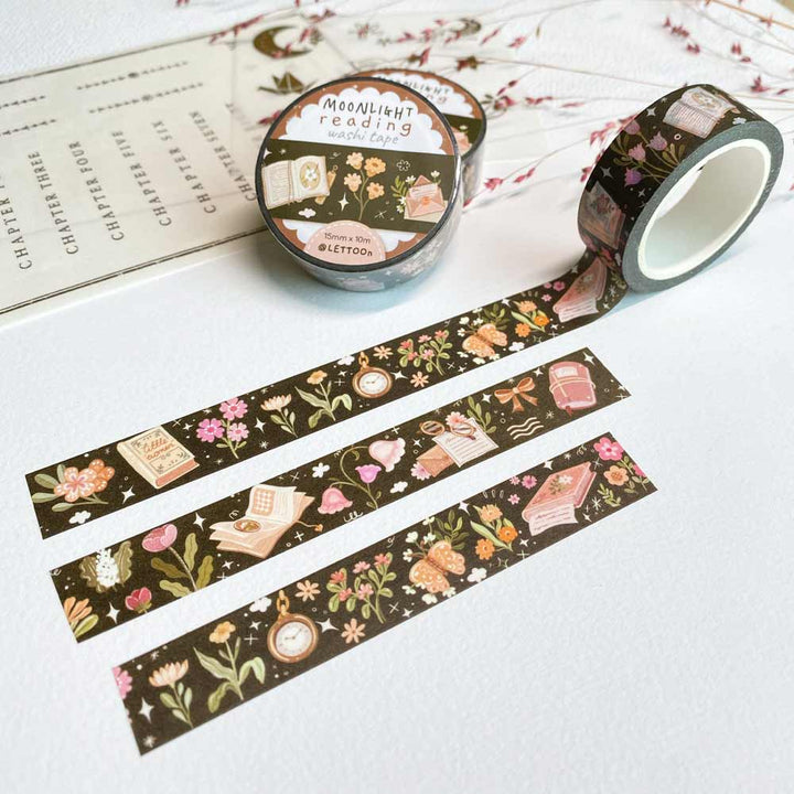 Premium Handmade Washi Tape Moonlight Reading 15mm x 10m - 3 pieces and 3 washi tapes on the table with a pink flower branch and chapter sheet