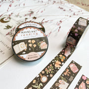 Premium Handmade Washi Tape Moonlight Reading 15mm x 10m - 3 pieces and 3 washi tapes on the table with a pink flower branch and chapter sheet