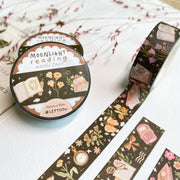 Premium Handmade Washi Tape Moonlight Reading 15mm x 10m - 3 pieces and 3 washi tapes on the table with a pink flower branch and chapter sheet