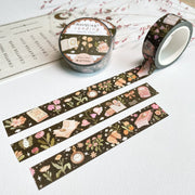 Premium Handmade Washi Tape Moonlight Reading 15mm x 10m - 3 pieces and 3 washi tapes on the table with a pink flower branch and chapter sheet
