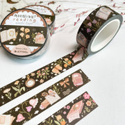 Premium Handmade Washi Tape Moonlight Reading 15mm x 10m - 3 pieces and 3 washi tapes on the table with a pink flower branch
