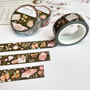 Premium Handmade Washi Tape Moonlight Reading 15mm x 10m - 3 pieces and 3 washi tapes on the table with a pink flower branch and chapter sheet