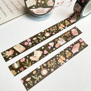Premium Handmade Washi Tape Moonlight Reading 15mm x 10m - 3 pieces and 2 washi tapes on the table with a pink flower branch and chapter sheet
