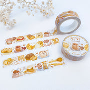 Premium Handmade Washi Tape Morning Poetry 15mm x 10m - 3 pieces and 2 washi tapes on the table with a white flower branch