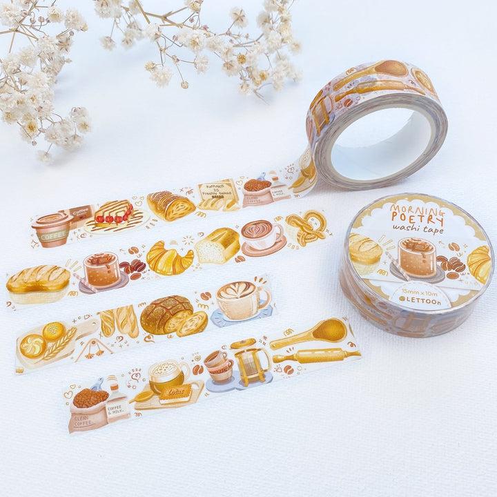 Premium Handmade Washi Tape Morning Poetry 15mm x 10m - 3 pieces and 2 washi tapes on the table with a white flower branch