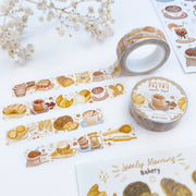 Premium Handmade Washi Tape Morning Poetry 15mm x 10m - 3 pieces and 2 washi tapes on the table with a white flower branch, 2 sticker sheets Lovely Morning Bakery