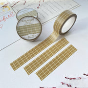 Premium Handmade Washi Tape Olive Green Grid 15mm x 10m - 3 pieces and 3 washi tapes on the table with 2 dark maroon flower branches, a chapter heading, a sticker sheet