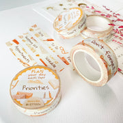 Premium Handmade Washi Tape Plan Your Day 15mm x 10m - 3 pieces and 4 washi tapes on the table with a pink flower branch, a heading chapter, a sticker sheet