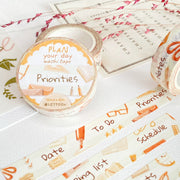 Premium Handmade Washi Tape Plan Your Day 15mm x 10m - 3 pieces and 3 washi tapes on the table with a pink flower branch, a heading chapter, a sticker sheet