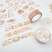 Premium Handmade Washi Tape Reading Time 15mm x 10m - 2 washi tapes and 2 sticker sheets on the table with a flower branch