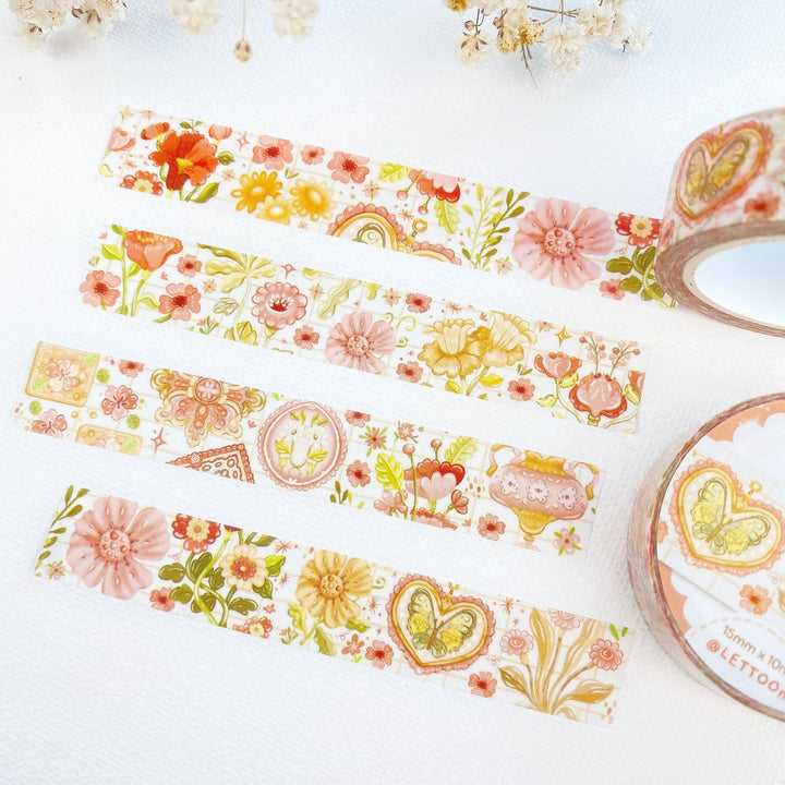 Premium Handmade Washi Tape Romantic Flower 15mm x 10m - 3 pieces and 2 washi tapes on the table with a white flower branch
