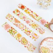 Premium Handmade Washi Tape Romantic Flower 15mm x 10m - 3 pieces and 2 washi tapes on the table with a white flower branch