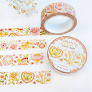 Premium Handmade Washi Tape Romantic Flower 15mm x 10m - 3 pieces and 2 washi tapes on the table with a white flower branch