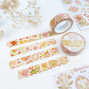Premium Handmade Washi Tape Romantic Flower 15mm x 10m - 3 pieces and 2 washi tapes on the table with a white flower branch, 2 sticker sheets