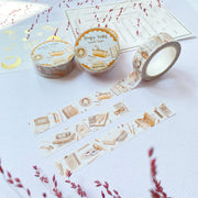Premium Handmade Washi Tape Study Time 15mm x 10m - 3 pieces and 3 washi tapes on the table with 2 pink flower branches, a heading chapter