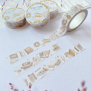 Premium Handmade Washi Tape Study Time 15mm x 10m - 3 pieces and 4 washi tapes on the table with 2 pink flower branches, a heading chapter