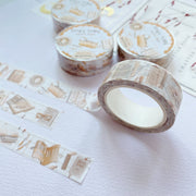 Premium Handmade Washi Tape Study Time 15mm x 10m - 3 pieces and 2 washi tapes on the table with a pink flower branch, a heading chapter