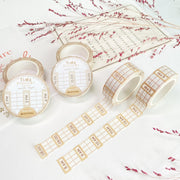 Premium Handmade Washi Tape Time Planner 15mm x 10m - 2 pieces and 6 washi tapes on the table with 2 pink flower branches, a heading chapter