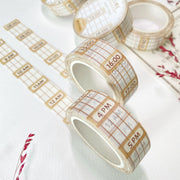 Premium Handmade Washi Tape Time Planner 15mm x 10m - 2 pieces and 5 washi tapes on the table with 2 pink flower branches, a heading chapter
