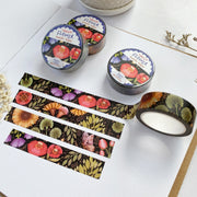 Premium Handmade Washi Tape Timeless Flower 15mm x 10m - 4 pieces and 4 washi tapes on the table with 2 white flower branches, a notebook