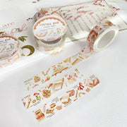 Premium Handmade Washi Tape Vintage Book 15mm x 10m - 3 pieces and 4 washi tapes on the table with a pink flower branch, a heading chapter