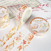 Premium Handmade Washi Tape Vintage Book 15mm x 10m - 3 pieces and 4 washi tapes on the table with a pink flower branch, a heading chapter