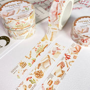 Premium Handmade Washi Tape Vintage Book 15mm x 10m - 3 pieces and 4 washi tapes on the table with a pink flower branch, a heading chapter