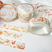 Premium Handmade Washi Tape Vintage Book 15mm x 10m - 3 pieces and 4 washi tapes on the table with a pink flower branch, a heading chapter