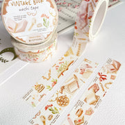 Premium Handmade Washi Tape Vintage Book 15mm x 10m - 3 pieces and 3 washi tapes on the table with a pink flower branch, a heading chapter