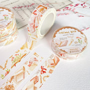 Premium Handmade Washi Tape Vintage Book 15mm x 10m - 3 pieces and 4 washi tapes on the table with a pink flower branch, a heading chapter