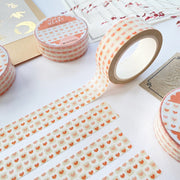 Premium Handmade Washi Tape Warm Heart 15mm x 10m - 4 pieces and 4 washi tapes on the table with 2 dark maroon flower branches, a sticker sheet, a chapter heading