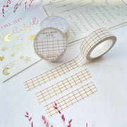 Premium Handmade Washi Tape White & Brown Grid 15mm x 10m - 3 pieces and 3 washi tapes on the table with 2 dark pink flower branches, a chapter heading, a sticker sheet
