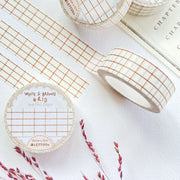 Premium Handmade Washi Tape White & Brown Grid 15mm x 10m - 3 pieces and 4 washi tapes on the table with a dark pink flower branch, a chapter heading