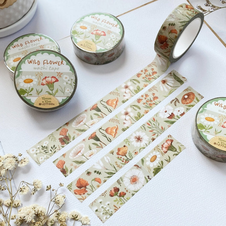 Premium Handmade Washi Tape Wild Flower 15mm x 10m - 4 pieces and 5 washi tapes on the table with a white flower branch