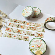 Premium Handmade Washi Tape Wild Flower 15mm x 10m - 4 pieces and 4 washi tapes on the table with a white flower branch, a notebook