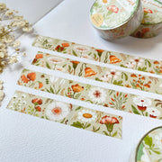 Premium Handmade Washi Tape Wild Flower 15mm x 10m - 4 pieces and 3 washi tapes on the table with a white flower branch, a notebook