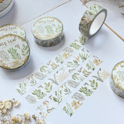 Premium Handmade Washi Tape Wild Leaf 15mm x 10m - 4 pieces and 5 washi tapes on the table with a white flower branch