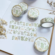 Premium Handmade Washi Tape Wild Leaf 15mm x 10m - 4 pieces and 5 washi tapes on the table with 2 white flower branches, a notebook