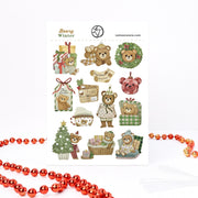 Beary Winter Christmas sticker sheet, A6: teddy bears carrying a tree home, hiding in presents and sitting in a wreath