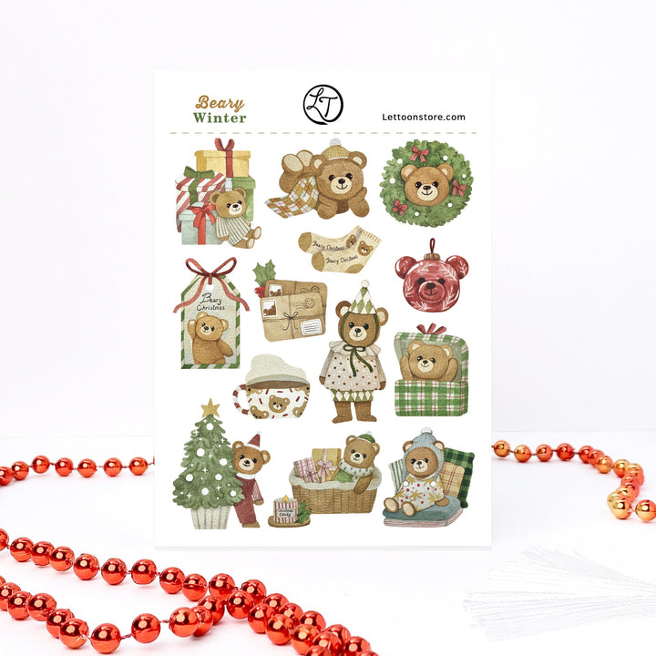 Beary Winter Christmas sticker sheet, A6: teddy bears carrying a tree home, hiding in presents and sitting in a wreath