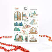 Fluffy Winter sticker sheet, A6: white rabbits in red scarves leaping, napping under a blanket and riding in a basket