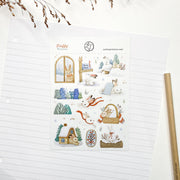 Fluffy Winter sticker sheet, A6, on lined paper with a pencil